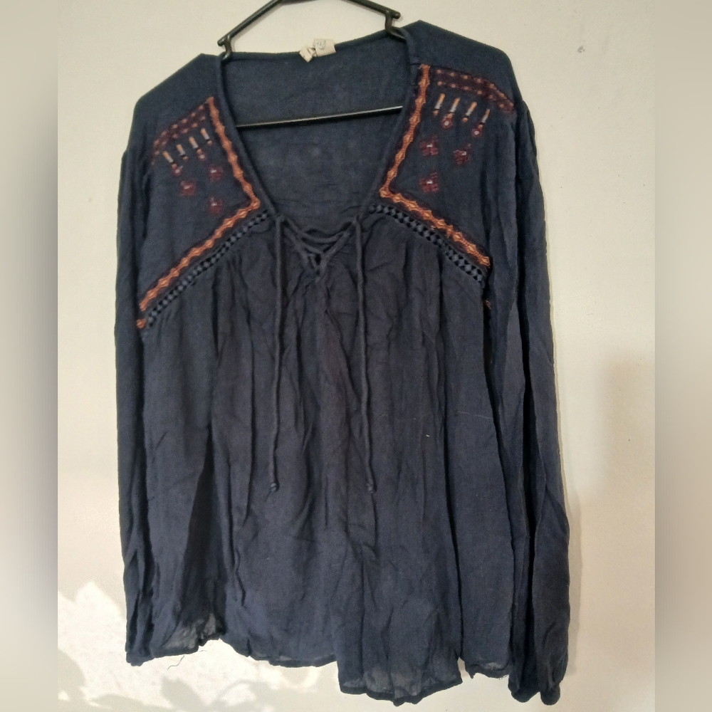 Japna Navy Blue Long Sleeve Top with Embroidered Accents (0302)